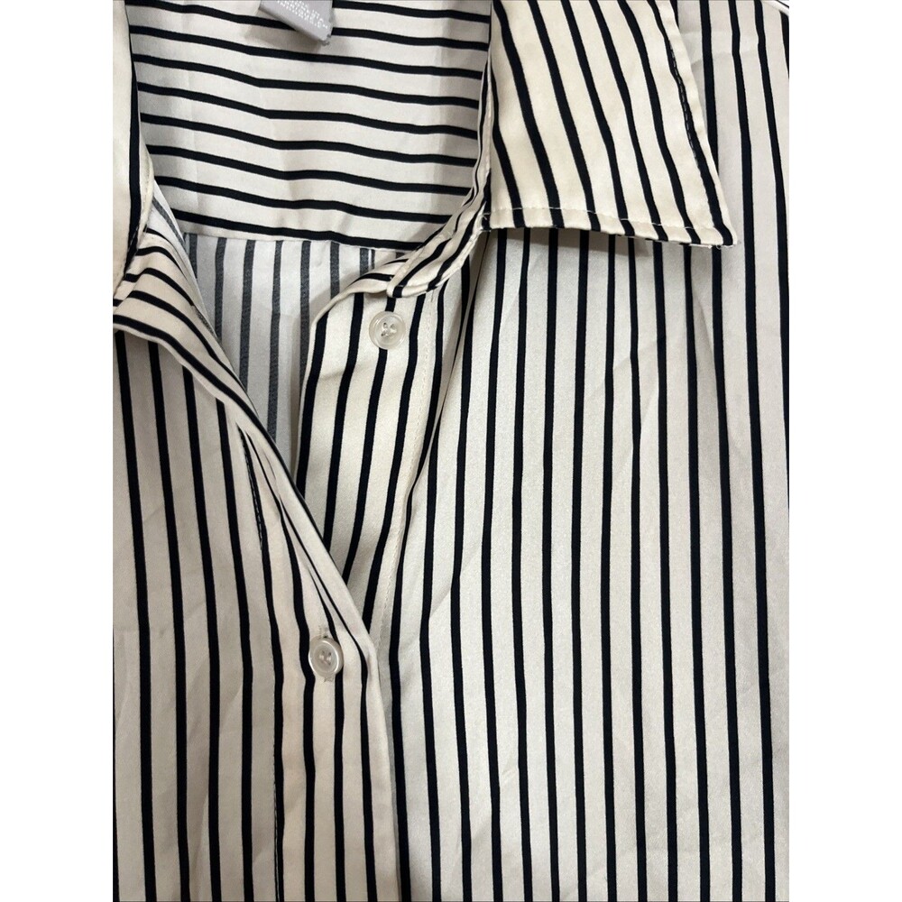 H&M Ivory Black Striped Long Sleeve Button Up Shirt Women’s L Satin Oversized - Picture 5 of 6